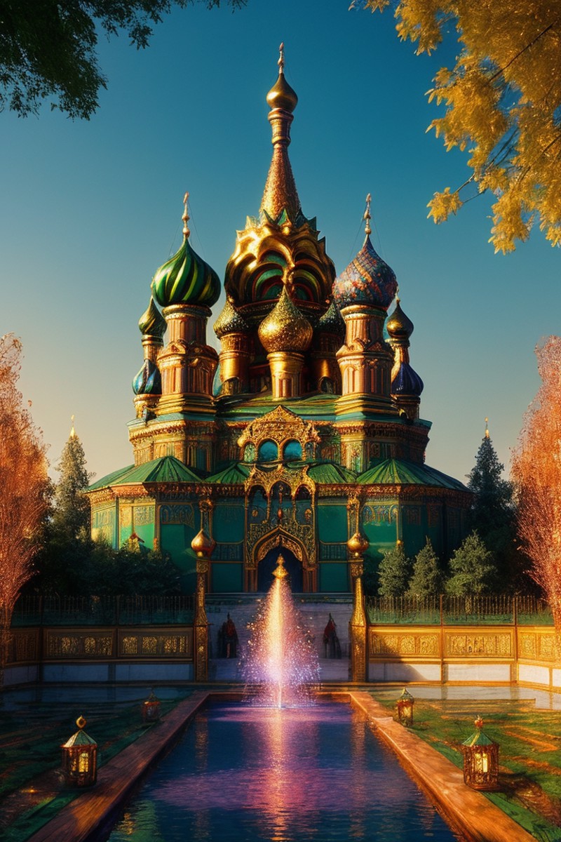 (masterpiece, best quality, CGI:1.2), majestic Russian sorcerer's palace, (ornate architecture:1.1), (colorful onion domes...